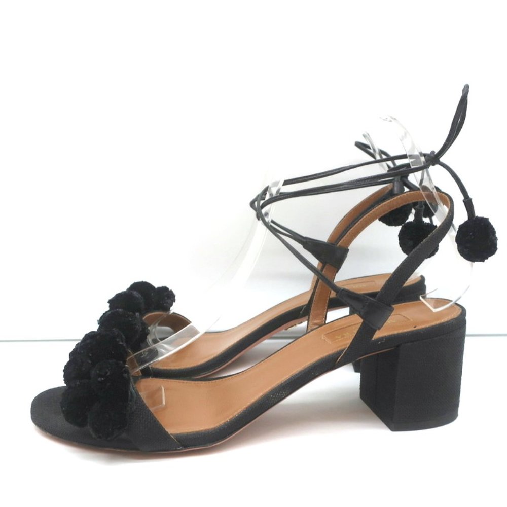 AQUAZZURA POM POM ANKLE TIE SANDALS BLACK RAFFIA SIZE 39 OPEN TOE MID-HEEL - Picture 5 of 9